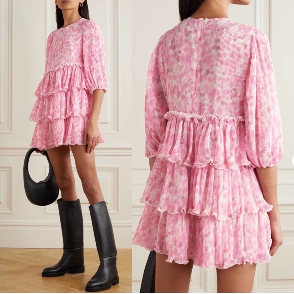 GANNI Tiered Ruffled Floral-Print Plissé-Georgette Mini Dress In Pink Size 36